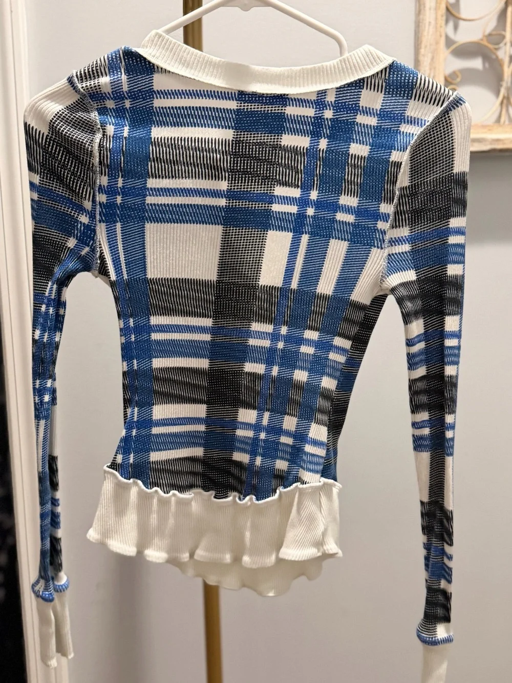 Free People Blue, White & Black Plaid Ribbed Henley Long Sleeve Top